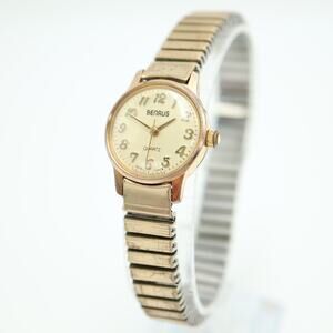 Vintage Benrus Womens Gold Tone Watch 21mm Swiss Parts Stretch Band New Battery